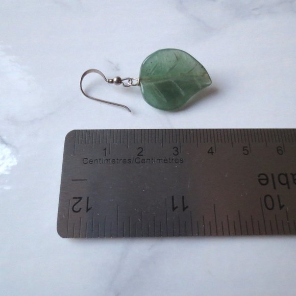 Beautiful Handmade Sterling Silver and Aventurine Gemstone Carved Leaf Earrings - Picture 5 of 6